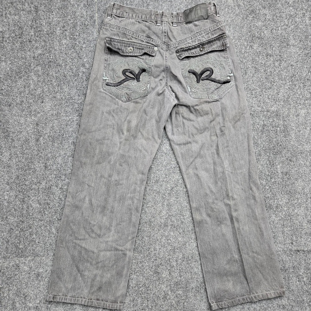 Vintage Rocawear Mens Gray Relaxed Wide Leg Embroidered Denim Jeans Size 18/31